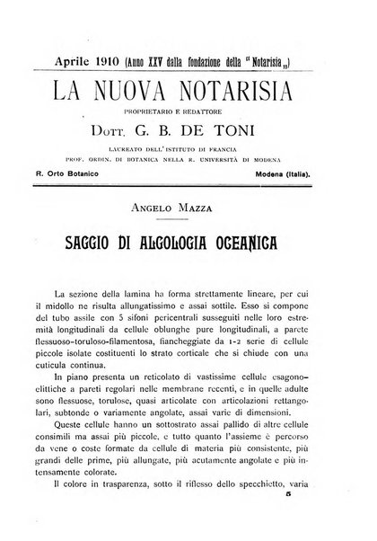 La nuova Notarisia rassegna trimestrale consacrata allo studio delle alghe