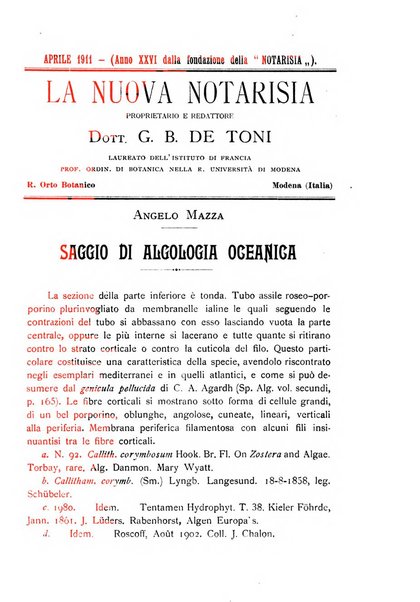 La nuova Notarisia rassegna trimestrale consacrata allo studio delle alghe