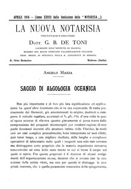 La nuova Notarisia rassegna trimestrale consacrata allo studio delle alghe