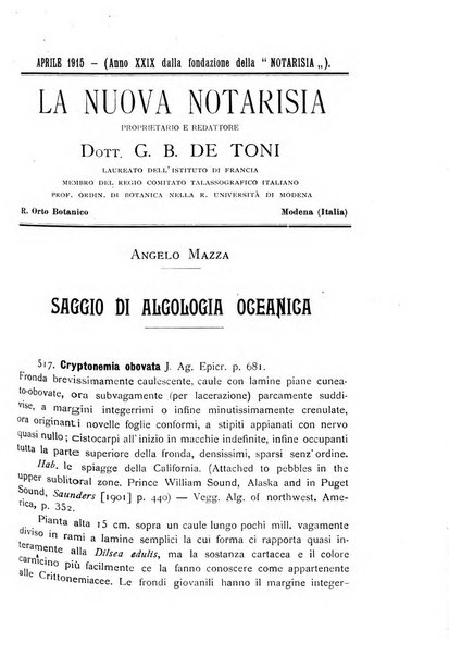 La nuova Notarisia rassegna trimestrale consacrata allo studio delle alghe