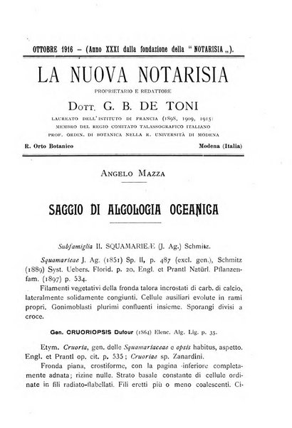 La nuova Notarisia rassegna trimestrale consacrata allo studio delle alghe