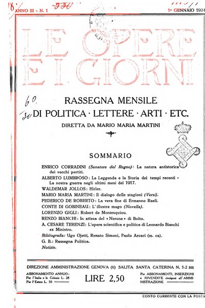 Le opere e i giorni rassegna mensile di politica, lettere, arti, etc