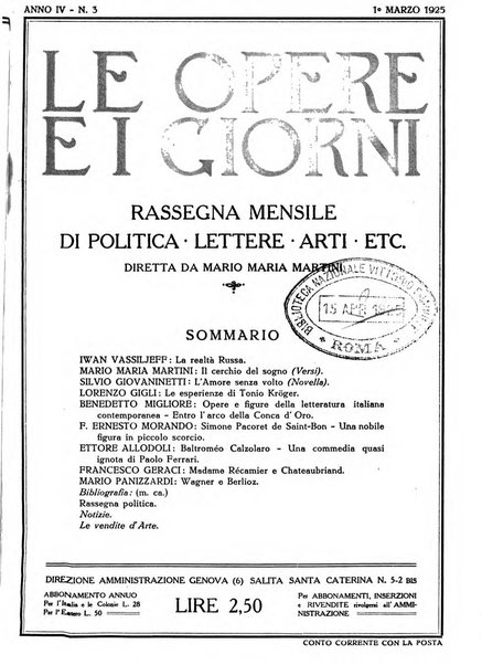 Le opere e i giorni rassegna mensile di politica, lettere, arti, etc