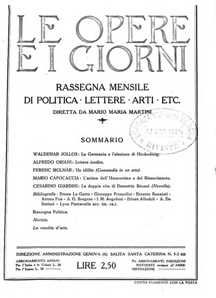 Le opere e i giorni rassegna mensile di politica, lettere, arti, etc