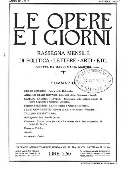 Le opere e i giorni rassegna mensile di politica, lettere, arti, etc