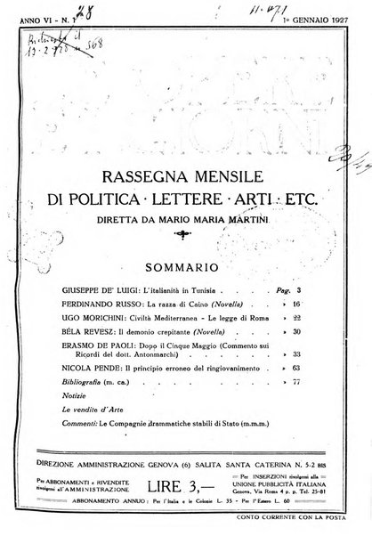 Le opere e i giorni rassegna mensile di politica, lettere, arti, etc