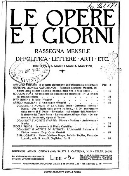 Le opere e i giorni rassegna mensile di politica, lettere, arti, etc