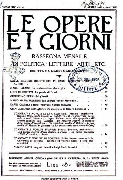 Le opere e i giorni rassegna mensile di politica, lettere, arti, etc