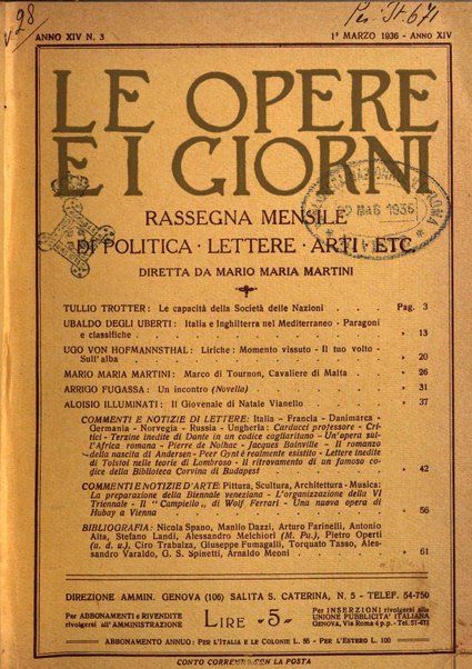 Le opere e i giorni rassegna mensile di politica, lettere, arti, etc