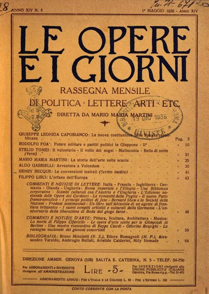 Le opere e i giorni rassegna mensile di politica, lettere, arti, etc