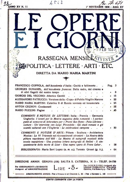 Le opere e i giorni rassegna mensile di politica, lettere, arti, etc