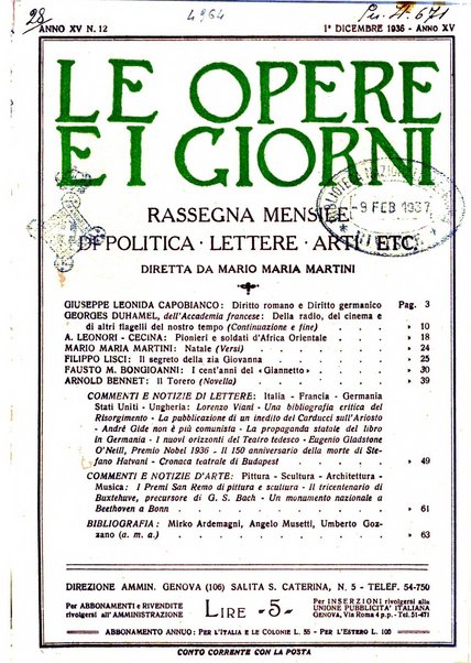 Le opere e i giorni rassegna mensile di politica, lettere, arti, etc