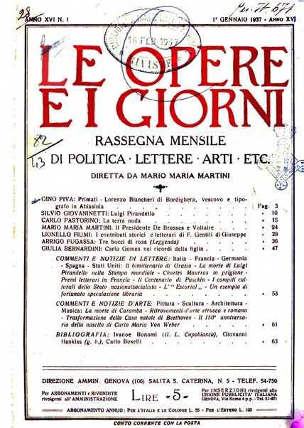 Le opere e i giorni rassegna mensile di politica, lettere, arti, etc