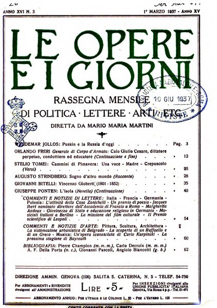 Le opere e i giorni rassegna mensile di politica, lettere, arti, etc