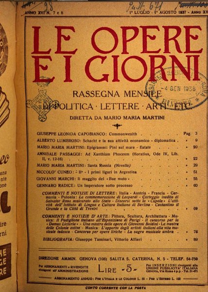 Le opere e i giorni rassegna mensile di politica, lettere, arti, etc