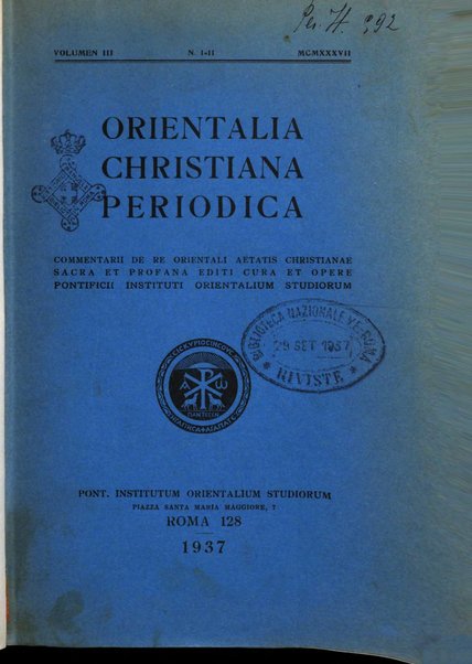 Orientalia Christiana periodica commentarii de re Orientali aetatis Christianae sacra et profana