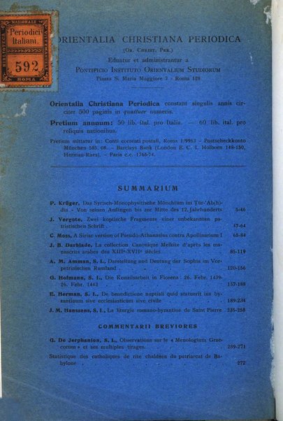 Orientalia Christiana periodica commentarii de re Orientali aetatis Christianae sacra et profana