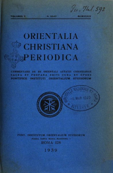 Orientalia Christiana periodica commentarii de re Orientali aetatis Christianae sacra et profana