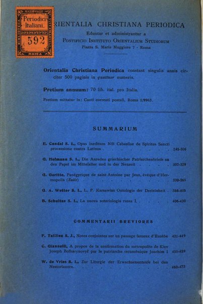 Orientalia Christiana periodica commentarii de re Orientali aetatis Christianae sacra et profana