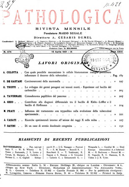 Pathologica rivista quindicinale