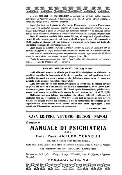 Quaderni di psichiatria rivista mensile teorica e pratica