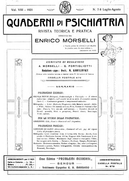 Quaderni di psichiatria rivista mensile teorica e pratica