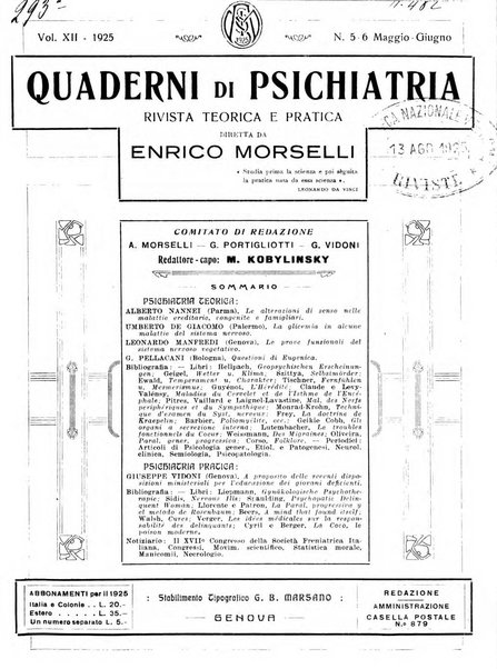 Quaderni di psichiatria rivista mensile teorica e pratica