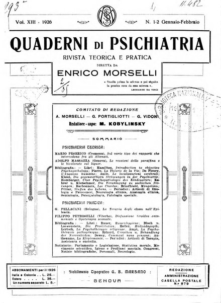 Quaderni di psichiatria rivista mensile teorica e pratica