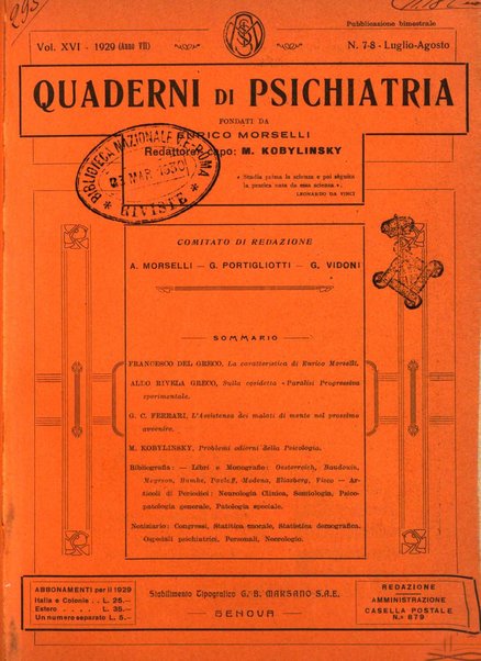 Quaderni di psichiatria rivista mensile teorica e pratica