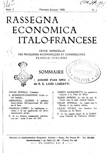 Rassegna economica italo-francese revue mensuelle des problemes economiques et commerciaux franco-italiens