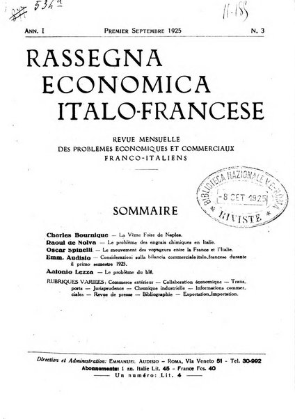 Rassegna economica italo-francese revue mensuelle des problemes economiques et commerciaux franco-italiens