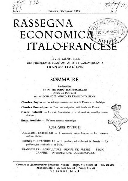 Rassegna economica italo-francese revue mensuelle des problemes economiques et commerciaux franco-italiens