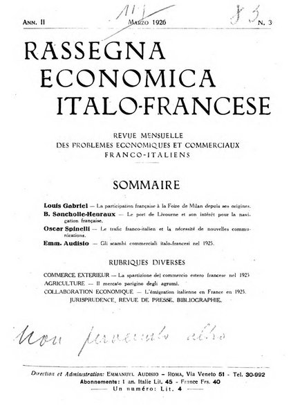 Rassegna economica italo-francese revue mensuelle des problemes economiques et commerciaux franco-italiens