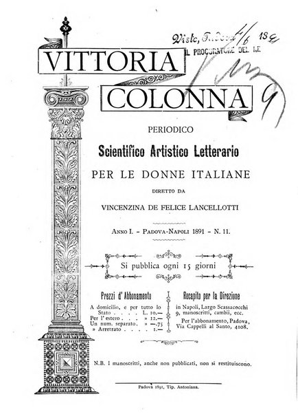 Vittoria Colonna periodico scientifico, artistico, letterario per le donne italiane