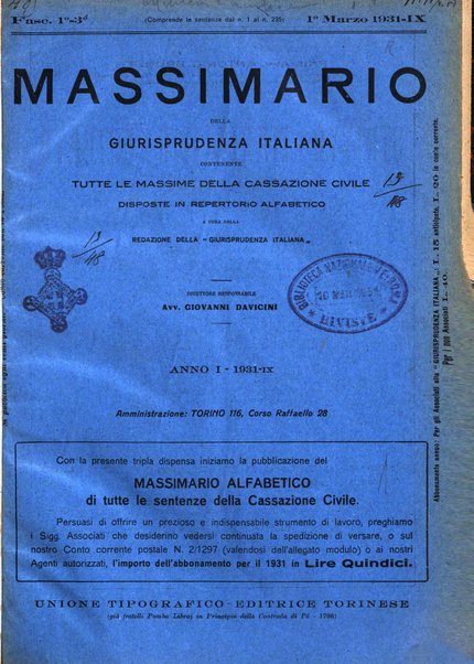 Massimario della giurisprudenza italiana contenente tutte le massime della Cassazione civile