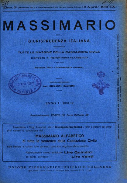 Massimario della giurisprudenza italiana contenente tutte le massime della Cassazione civile