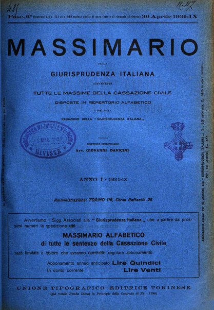 Massimario della giurisprudenza italiana contenente tutte le massime della Cassazione civile