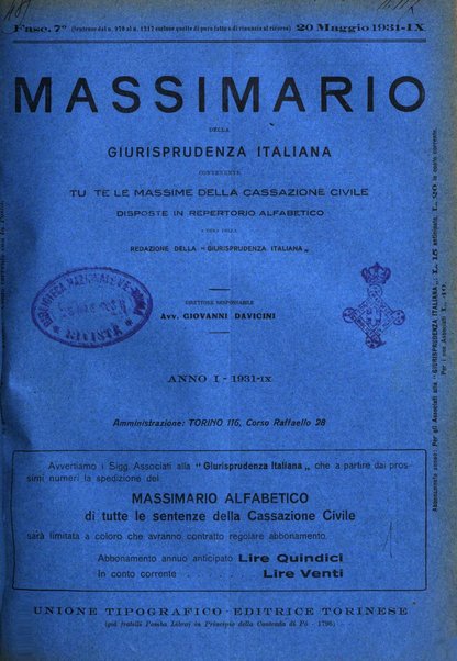 Massimario della giurisprudenza italiana contenente tutte le massime della Cassazione civile