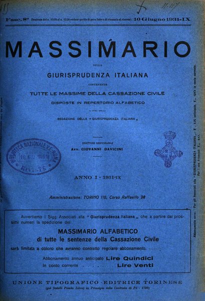 Massimario della giurisprudenza italiana contenente tutte le massime della Cassazione civile