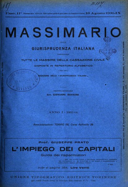 Massimario della giurisprudenza italiana contenente tutte le massime della Cassazione civile