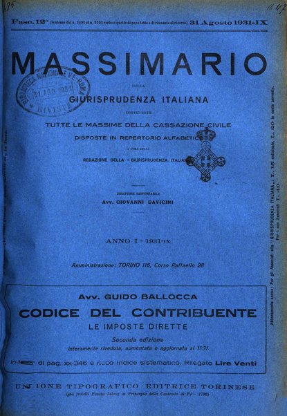 Massimario della giurisprudenza italiana contenente tutte le massime della Cassazione civile