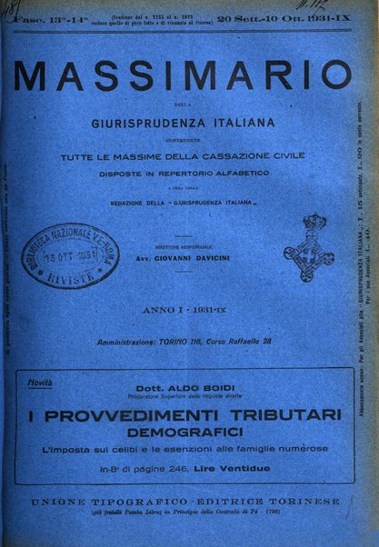 Massimario della giurisprudenza italiana contenente tutte le massime della Cassazione civile