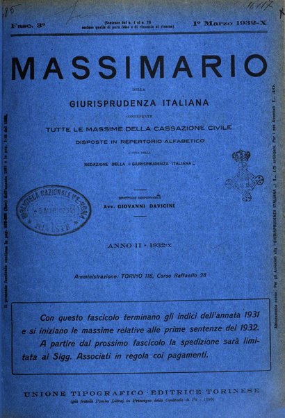 Massimario della giurisprudenza italiana contenente tutte le massime della Cassazione civile