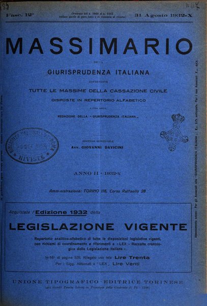 Massimario della giurisprudenza italiana contenente tutte le massime della Cassazione civile