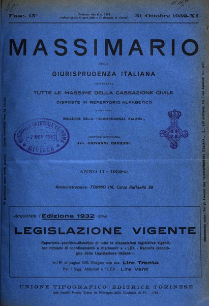 Massimario della giurisprudenza italiana contenente tutte le massime della Cassazione civile