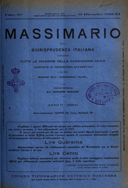 Massimario della giurisprudenza italiana contenente tutte le massime della Cassazione civile