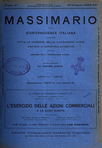 Massimario della giurisprudenza italiana contenente tutte le massime della Cassazione civile