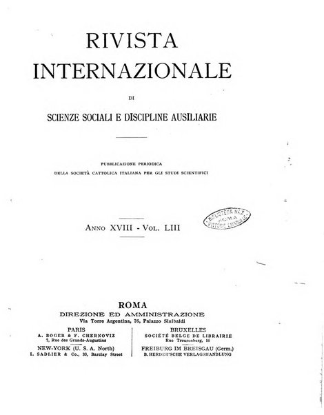 Rivista internazionale di scienze sociali e discipline ausiliarie pubblicazione periodica dell'Unione cattolica per gli studi sociali in Italia