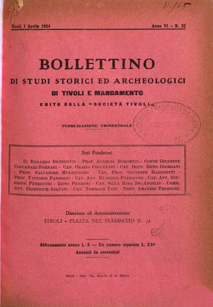 Bollettino di studi storici ed archeologici di Tivoli e mandamento