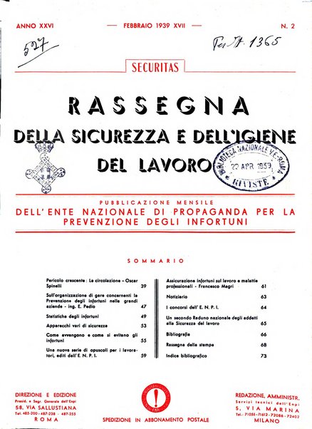 Securitas rassegna della sicurezza e dell'igiene nell'industria e nell'agricoltura - Anno 14, n. 4 (apr. 1927)-anno 65, n. 5/12 (1981)